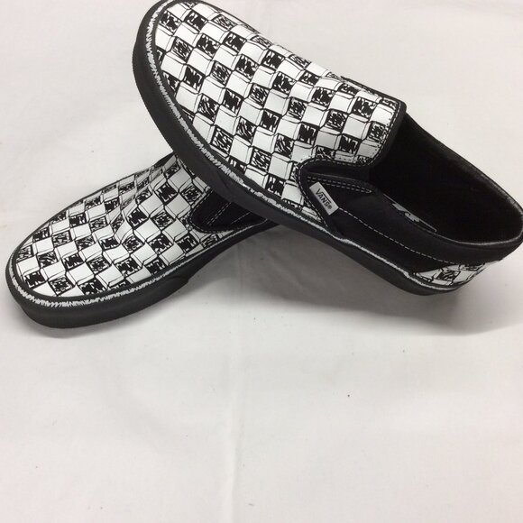 Vans Skate Shoes Men 7.5 Women 9 Black White Canvas Doodle Checkerboard Slip On - Picture 3 of 9